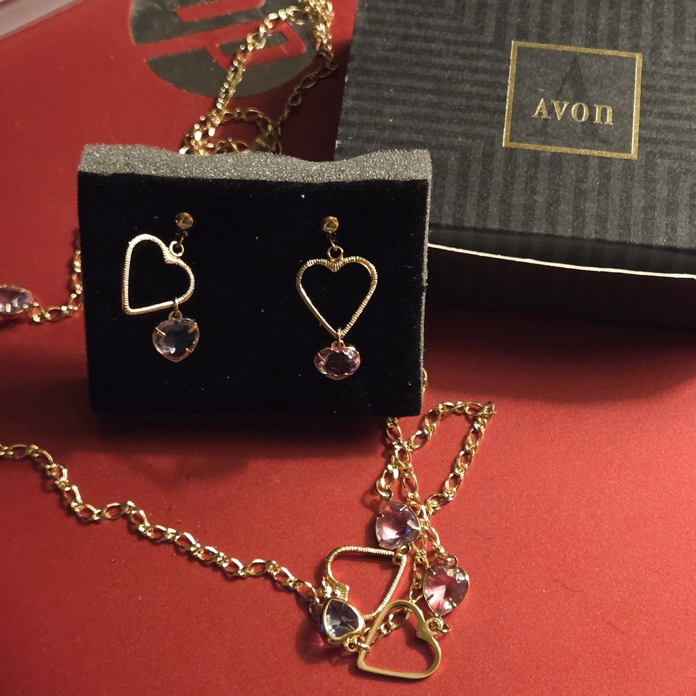 Avon Gold Heart Earrings with Pink Stones